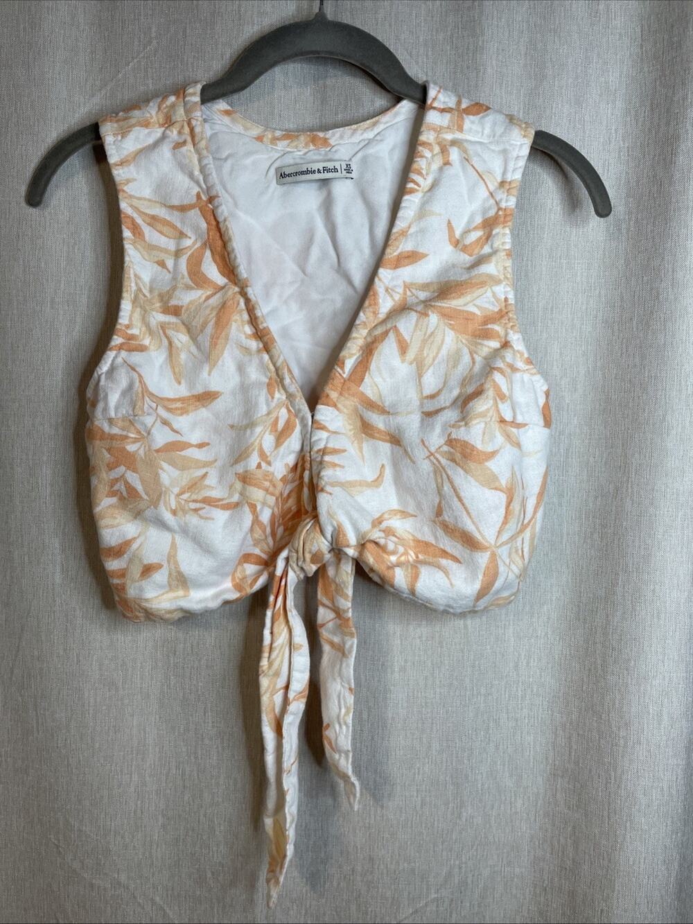 Abercrombie &Fitch Linen Blend Sleeveless Orange&White Floral Tie Crop Top Sz XS